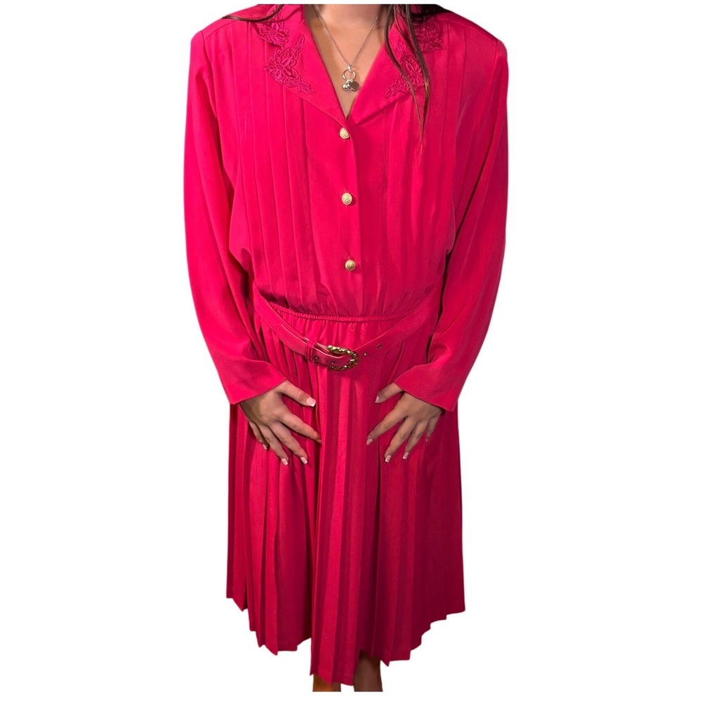Leslie Fay Pleated Midi Dress Women 18W Fuchsia Good Lace Trim Vintage